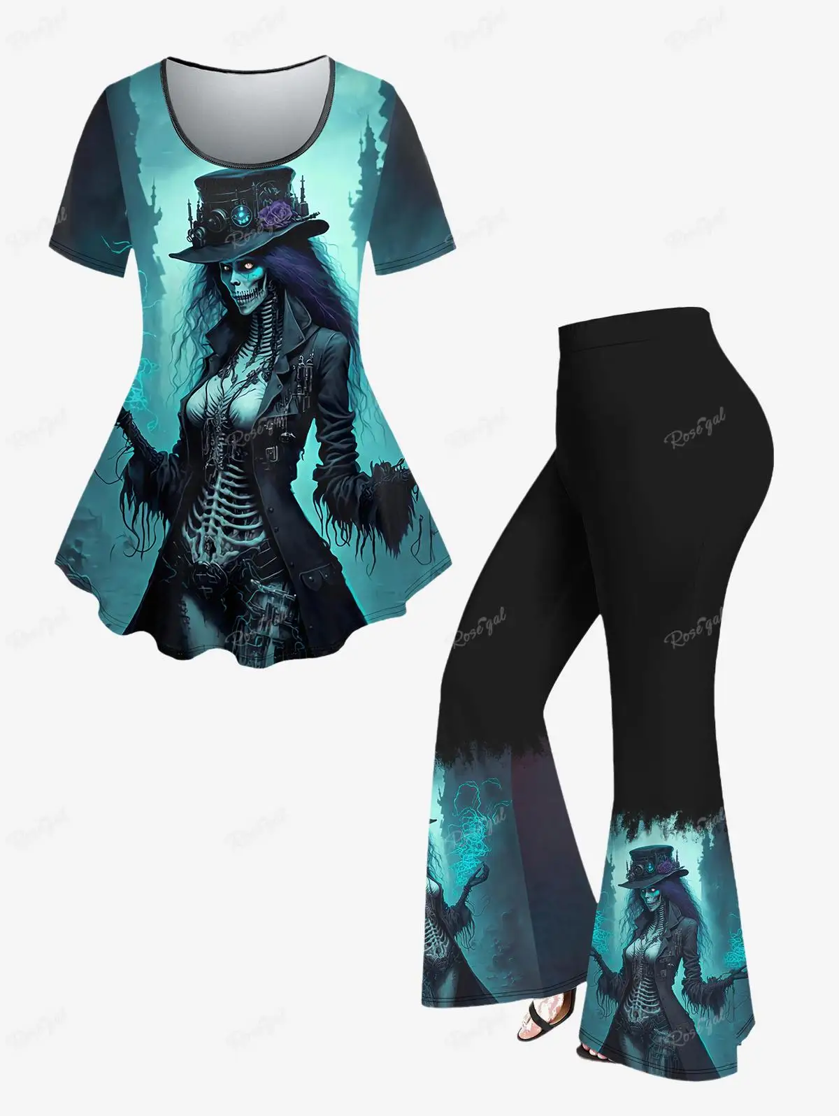 

Plus Size Women's Halloween Outfits Wizard Castle Skeleton Hat Printed T-shirt Or Flare Pants XS-6X Top、Trousers Mujer