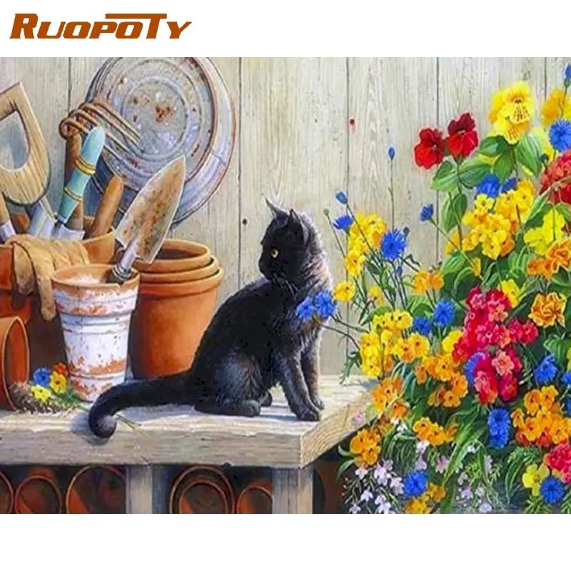 

RUOPOTY Acrylic Painting By Numbers Frame Paint Kit Coloring By Numbers Cats And Flower Acrylic Paints Home Decors Diy Crafts