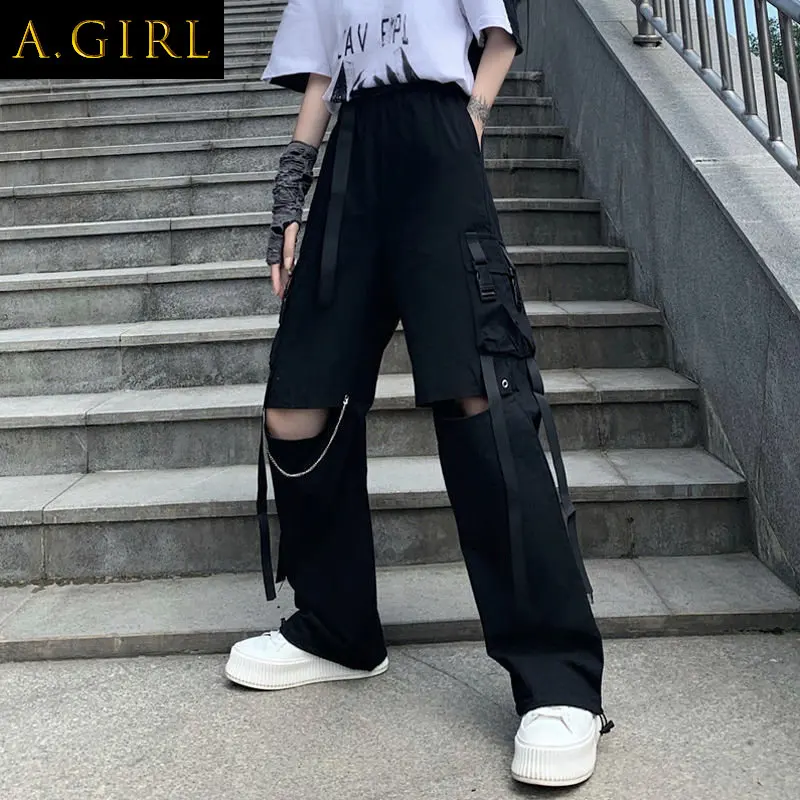 

A GIRLS Pants Women Cargo Loose Hollow Out Cool Girls Hip Hop Fashion Punk Student Pockets Shirring Casual All-match Chic Youth