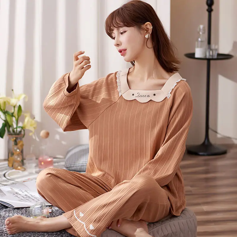 

SUO&CHAO Spring Autumn Cotton Pajamas Sets For Womens Long Sleeve Round Neck Tops Long Pants Loose Casual Pyjamas Homewear