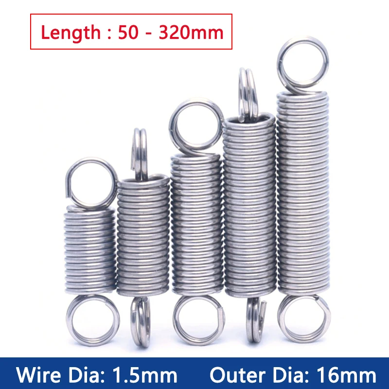 

1pc Wire Dia 1.5mm OD 16mm 304 Stainless Steel Dual Hook Tension Spring Closed Loop Hardware Accessories Length 50-320mm