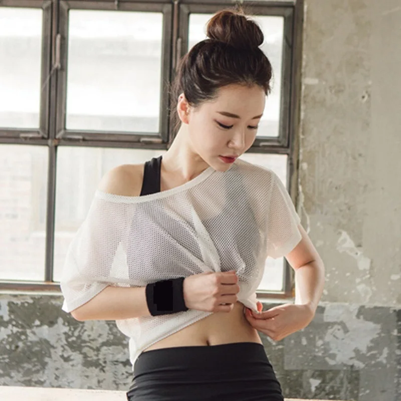 

Women Sexy Mesh Yoga Shirt Quick Dry Sport Fitness Running Shirt Gym Tank Top Workout Exercises T-Shirt Sportwear