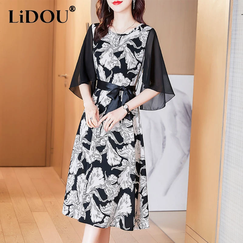 

Summer Print Elegant Fashion Aesthetic Dress Women Short Sleeve Flower Sweet Casual Vestidos De Fiesta Vintage Chic Robe Femme