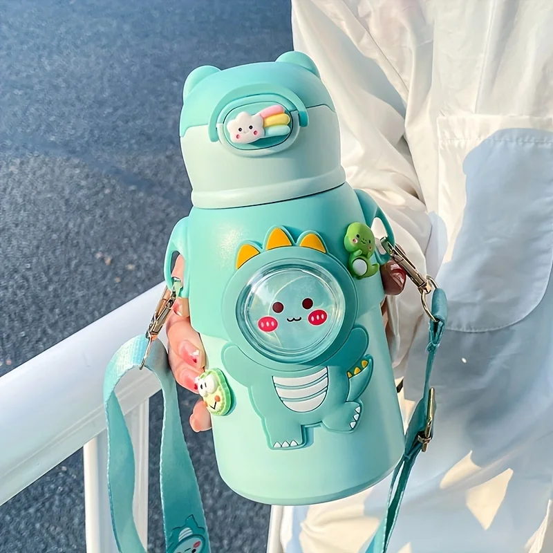 

520ML Cartoon Dinosaur Vacuum Cup School Water Cup With Straw Student Cartoon Portable Stainless Steel Anti-fall Cup
