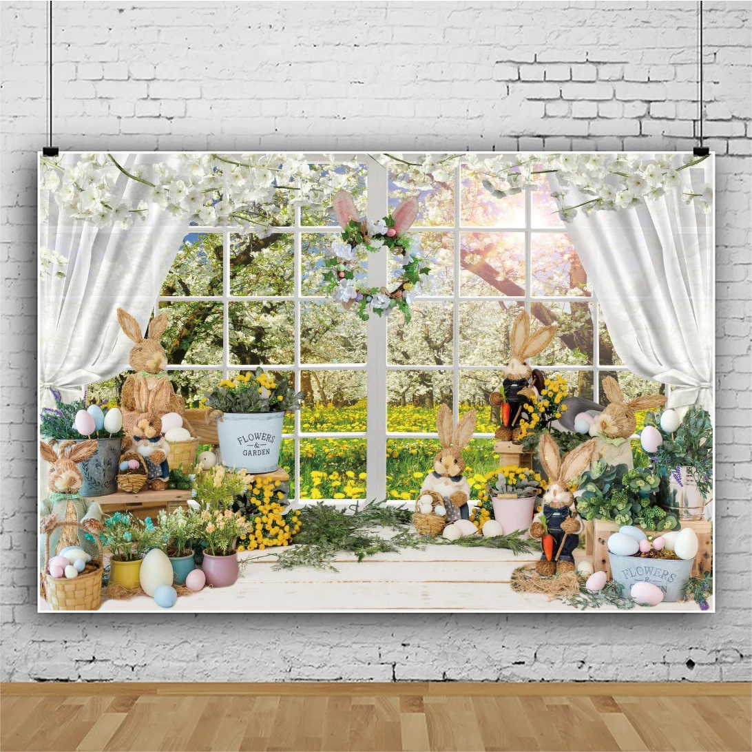 

Laeacco Green Grass Spring Cherry Flowers Happy Easter Sunny Party Scenic Window Sill Photo Background Photographic Backdrop