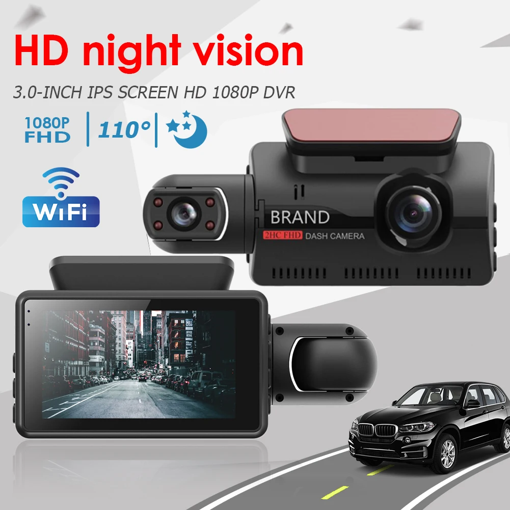 

Автомобильный видеорегистратор с двумя объективами, черный ящик, Full HD 1080P, Автомобильный видеорегистратор с Wi-Fi, ночным видением, акселерометром, видеорегистратор, автомобильная камера