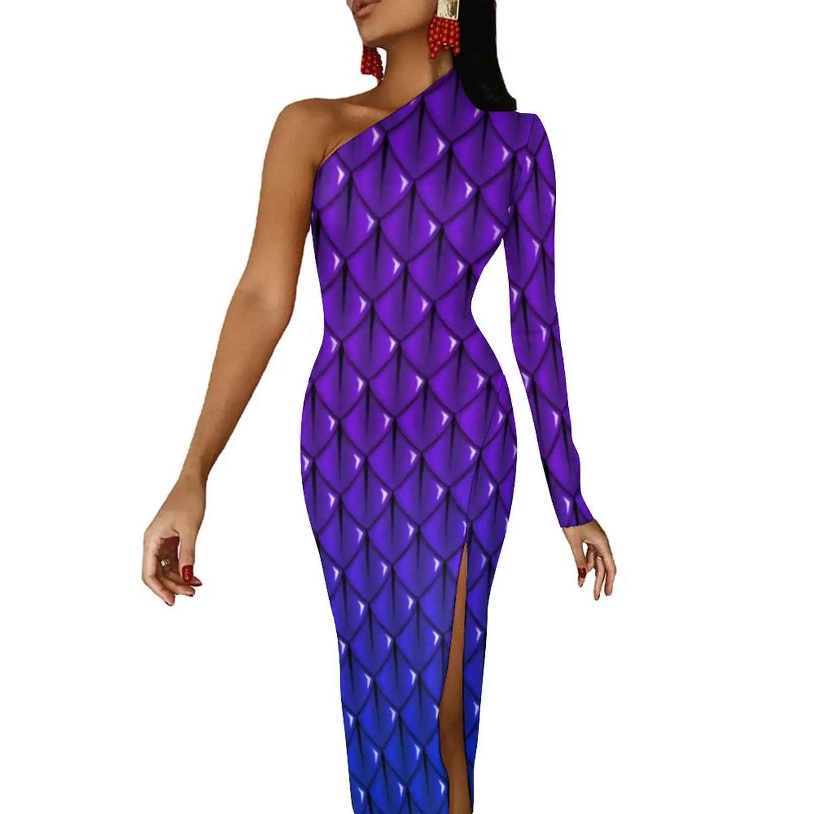 

Dusky Purple Dragon Side Split Bodycon Dress Women Animal Scale Print Vintage Maxi Dress Spring Long Sleeve Streetwear Dresses