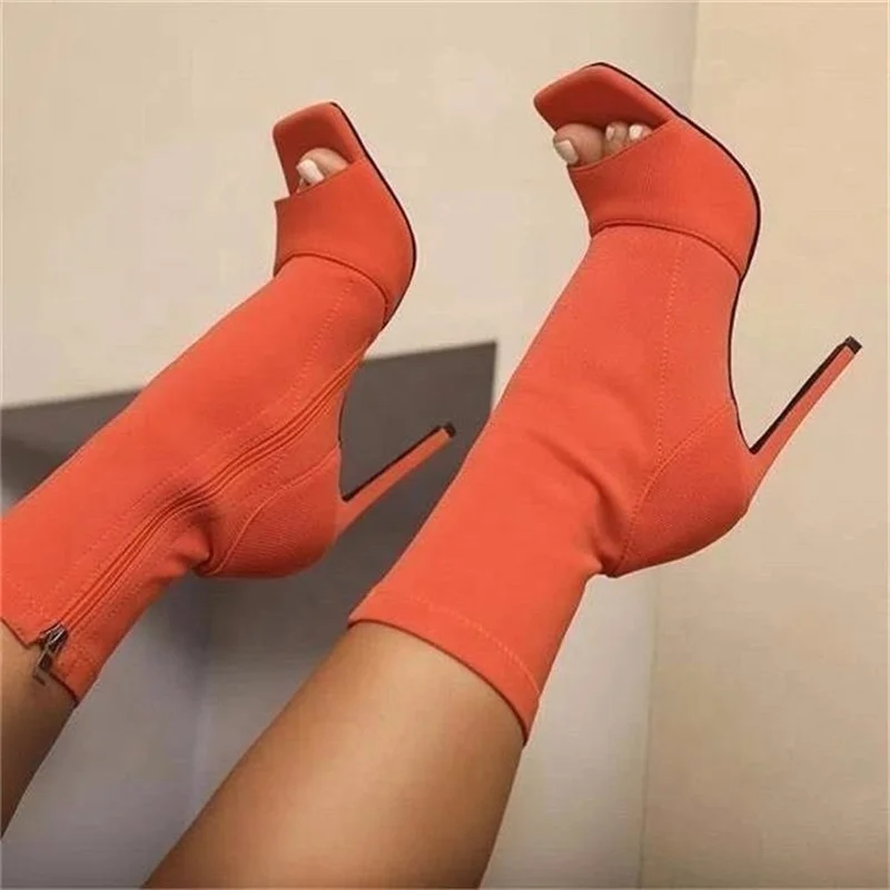 Fashion Ladies Peep Toe Stretch Fabric Knitting Ankle Boots Small Hole Hollow Out Breathable Dress Women High Heels Dance Shoes