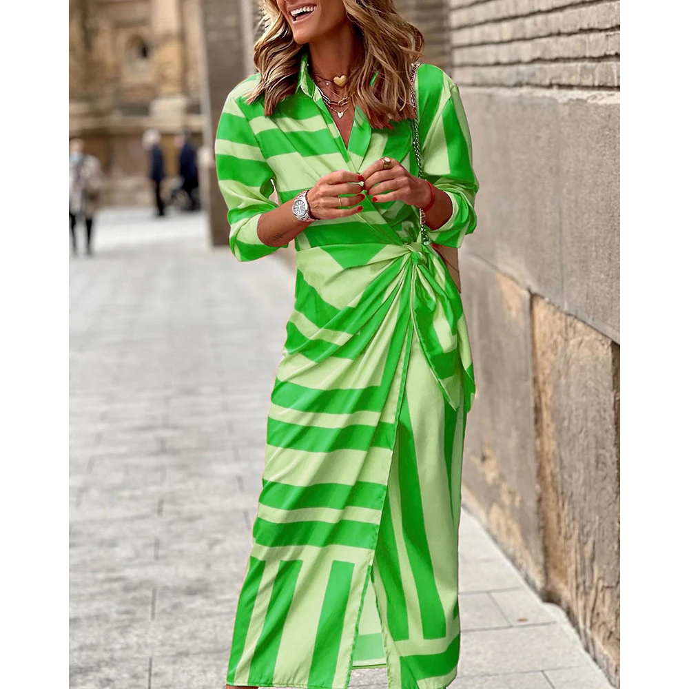 المرأة بدوره الدولار طوق معقود Colorblock مخطط طباعة أنيقة Ruched قميص مكتب فستان فستان مناسبات عادية