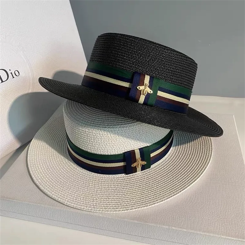 

New Fashion Handwoven Striped Bee Flat Top Hats Summer Panam Travel Sunshade Big Brim Straw Hat Women's Brand Trend Beach Cap