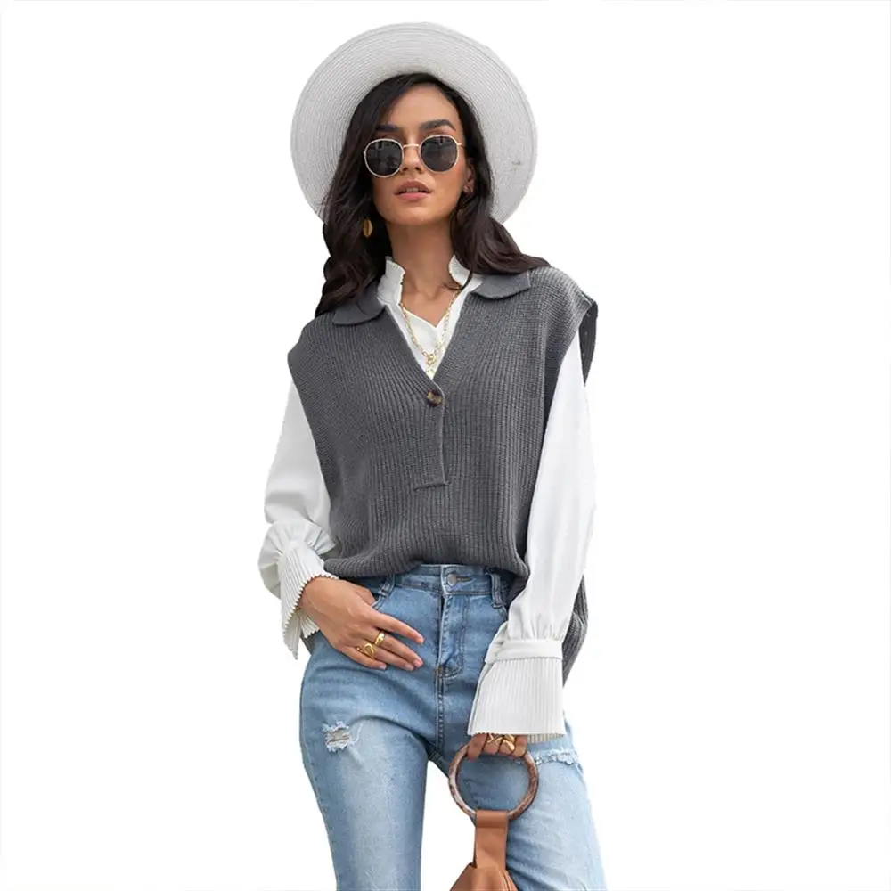 

Women Slimming Lapel Outer Wear Sleeveless Cropped Sweater Vest Solid Casual Loose Korean Fashion Tops Autumn Jumper Pullover