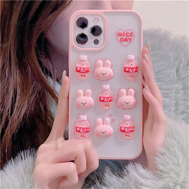 Korea Cute Cartoon 3D Rabbit Frog Drink Bottle Silicone Phone Case For iPhone 11 12 13 Pro Max X XR XS Max Lovely Glitter Cover