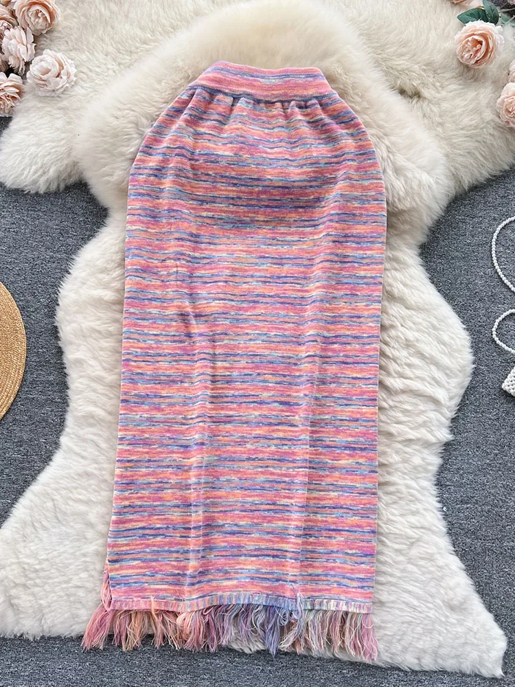 

Women Autumn Skirt Colorful Striped Knitted New Elastic Waist Slim Fit Bag Hip Tassel Niche Temperament Half Skirt D5757