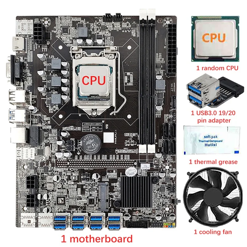 

B75 8 GPU BTC/ETH Mining Motherboard+CPU+Fan+Thermal Grease+USB3.0 19/20 Pin Adapter 8 USB3.0 Slot LGA1155 DDR3 SATA3.0