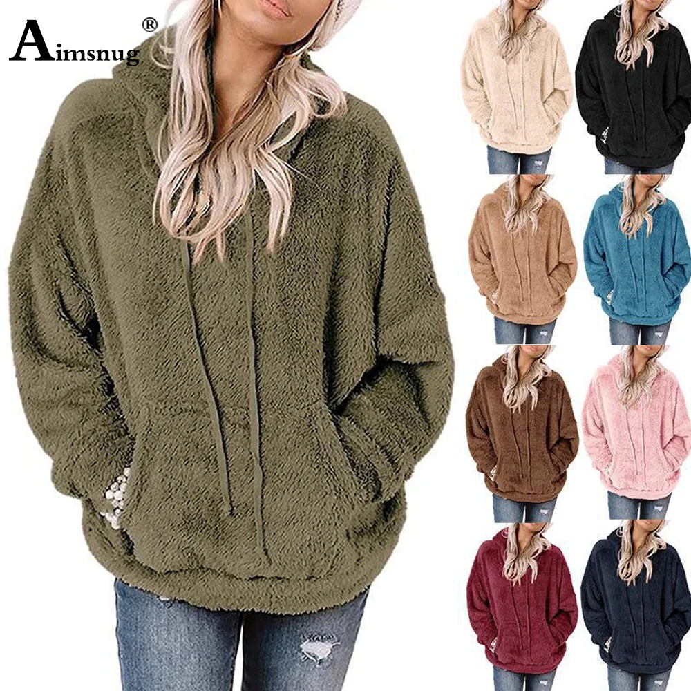 Aimsnug 2022 Winter Hooded Sweatshirts Women harajuku Pullovers Female Knitted Plush Jumpers Casual Stand Pocket Shirts Clothing