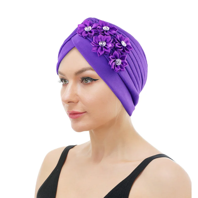 

New Elegant Women Rhinestoned flower Turban Bonnet Muslim Hijab Headscarf Caps Pleate Ruffle Turban Chemo Cap Wedding Beanie Hat