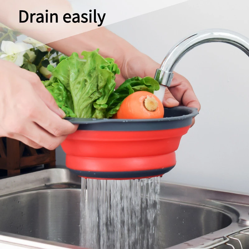 

Kitchen Silicone Fruit and Vegetable Drain Basket Round Creative Foldable Drain Basket Kitchen Storage Tool Drain Basket