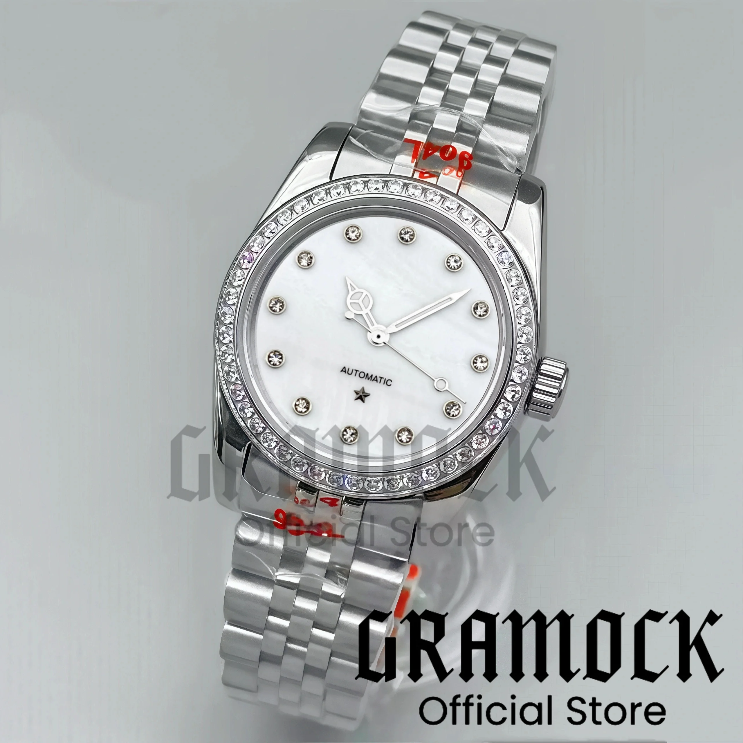 Фото Gramock 31 мм модные женские наручные часы NH05 автоматические часы De Ville с бриллиантовым индексом звезды декоративный циферблат серебряные стальные женские часы №4