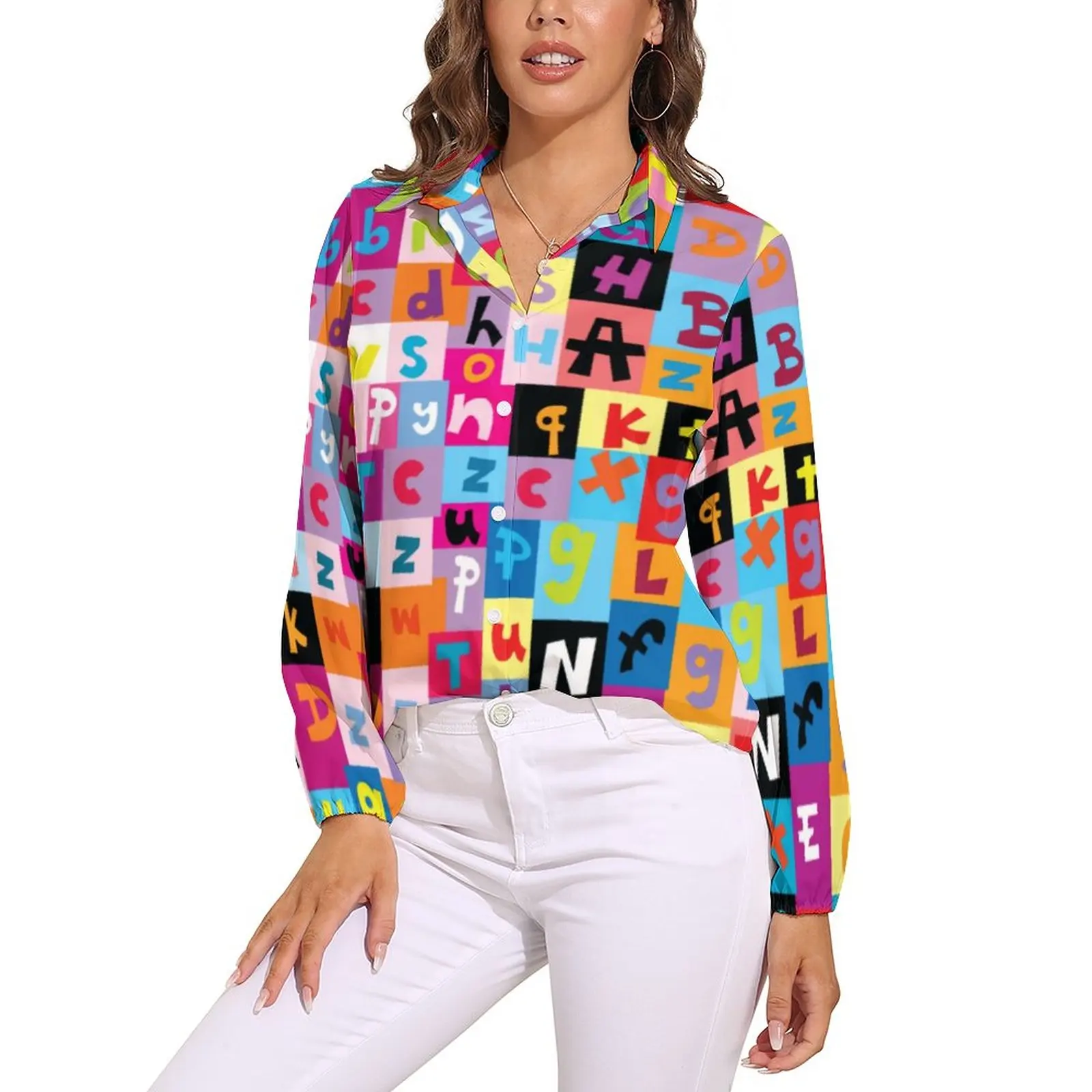 

Letter Pop Art Print Blouse Jumble Alphabet Retro Pattern Blouses Woman Long-Sleeve Street Fashion Shirt Autumn Oversized Top