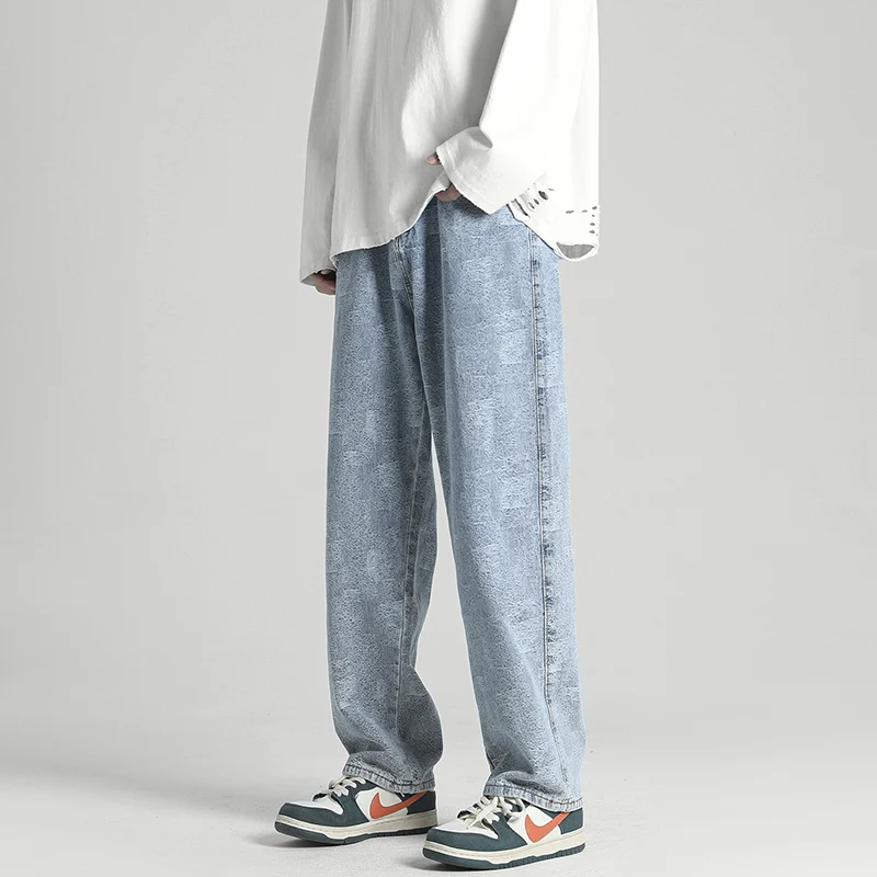 

2022 Autumn New Men's Light Blue Printed Baggy Jeans Streetwear Couple Models Denim Loose Straight Wide Leg Pants Male
