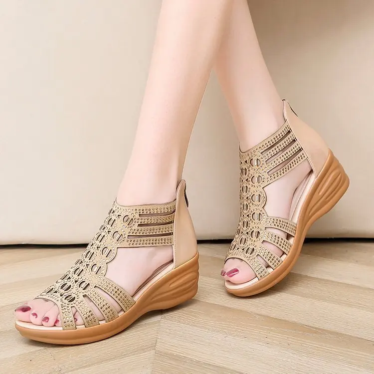 Popular Sandals Women's 2022 New Casual Mom Wedge Sandals Versatile Ladies Rear Zipper Fish Mouth Shoes