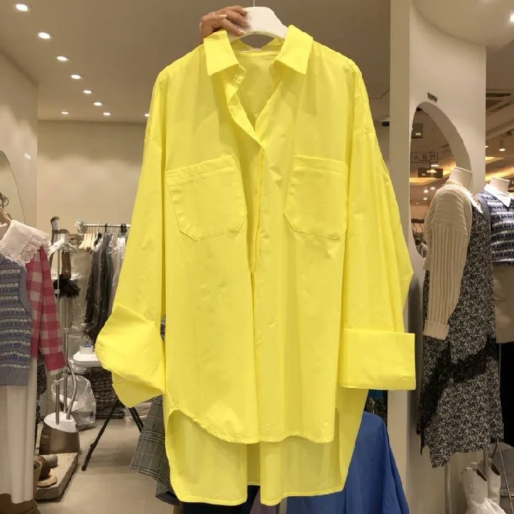 Женская свободная рубашка с лацканами, элегантная однотонная блузка в Корейском стиле, осень 2023