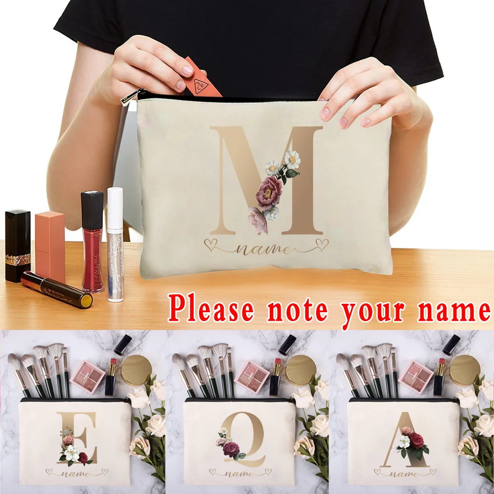

Custom Name Gold 26 Letter Cosmetic Bag Women Outdoor Travel Beauty Makeup Bag Storage Pouch Bachelor Party Lipstick Clutch Bag