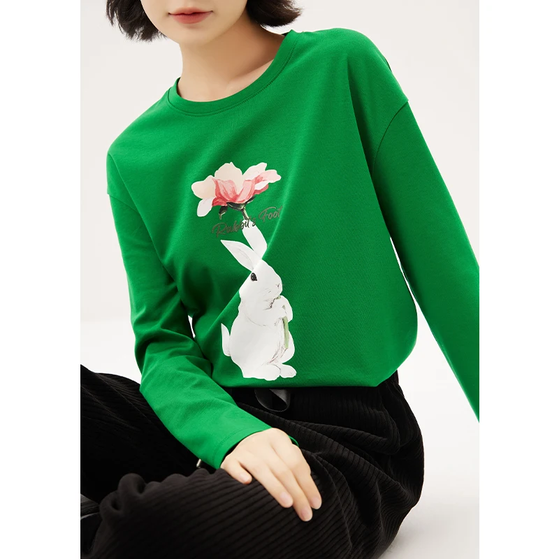 

SHUCHAN Print Rabbit T Shirt Women Long Sleeve 100% Cotton Casual Autumn/Winter Loose Women Clothes T-shirts Tops Tees