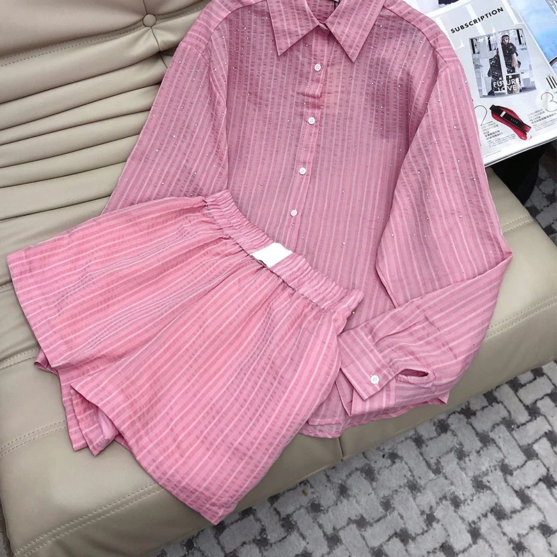 

Fashion Shiny Diamond Shorts Suits Long Sleeve Lapel Blouse Elastic Waist Sports Shorts 2023 Women Stripe Loose 2 Piece Sets