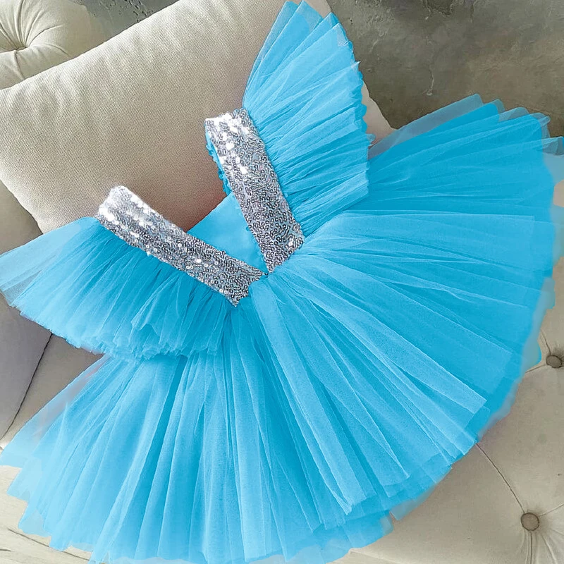 

3-8Years Girl Wedding Party Tulle Dress Sequins Elegant Princess Dress Kids Girl Ruffles Birthday Dress Communion Formal Vestido