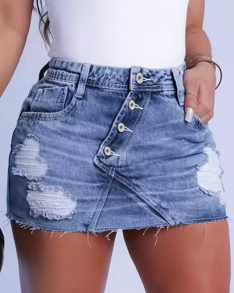 

Button Fly Ripped Denim Skirt Women Spring Summer Sexy Mini Skirt Pockets Slim High Waist