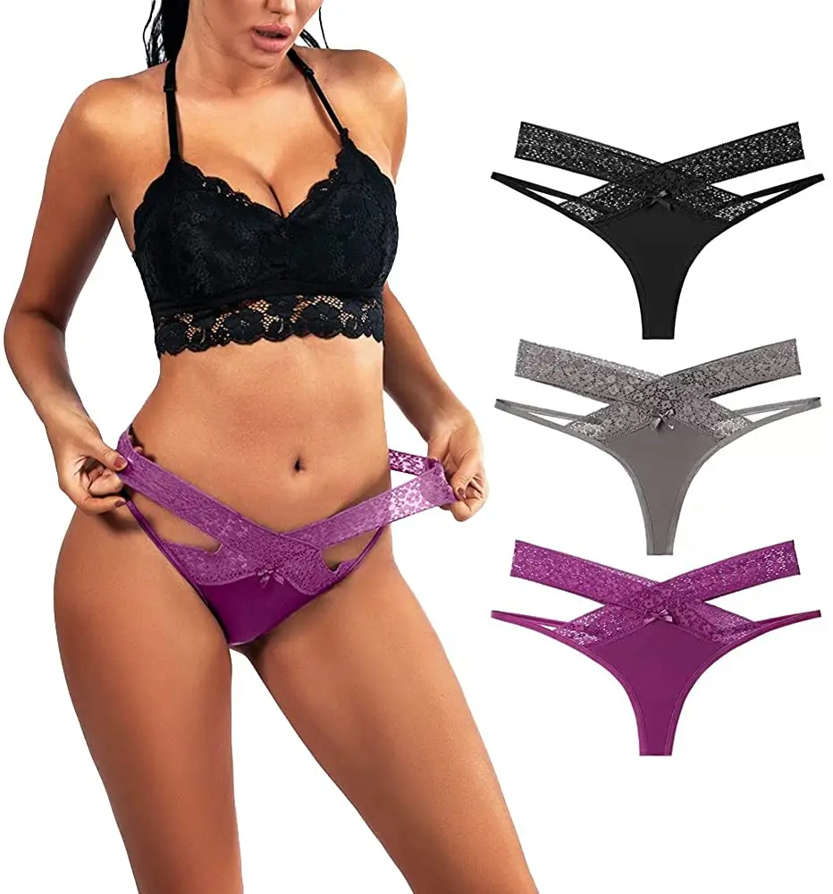 

Women Underwear Cotton Thongs 3 Pieces One Set Lace T Back See Through G-Strings Breathable Bikini Panties Teens Underwear