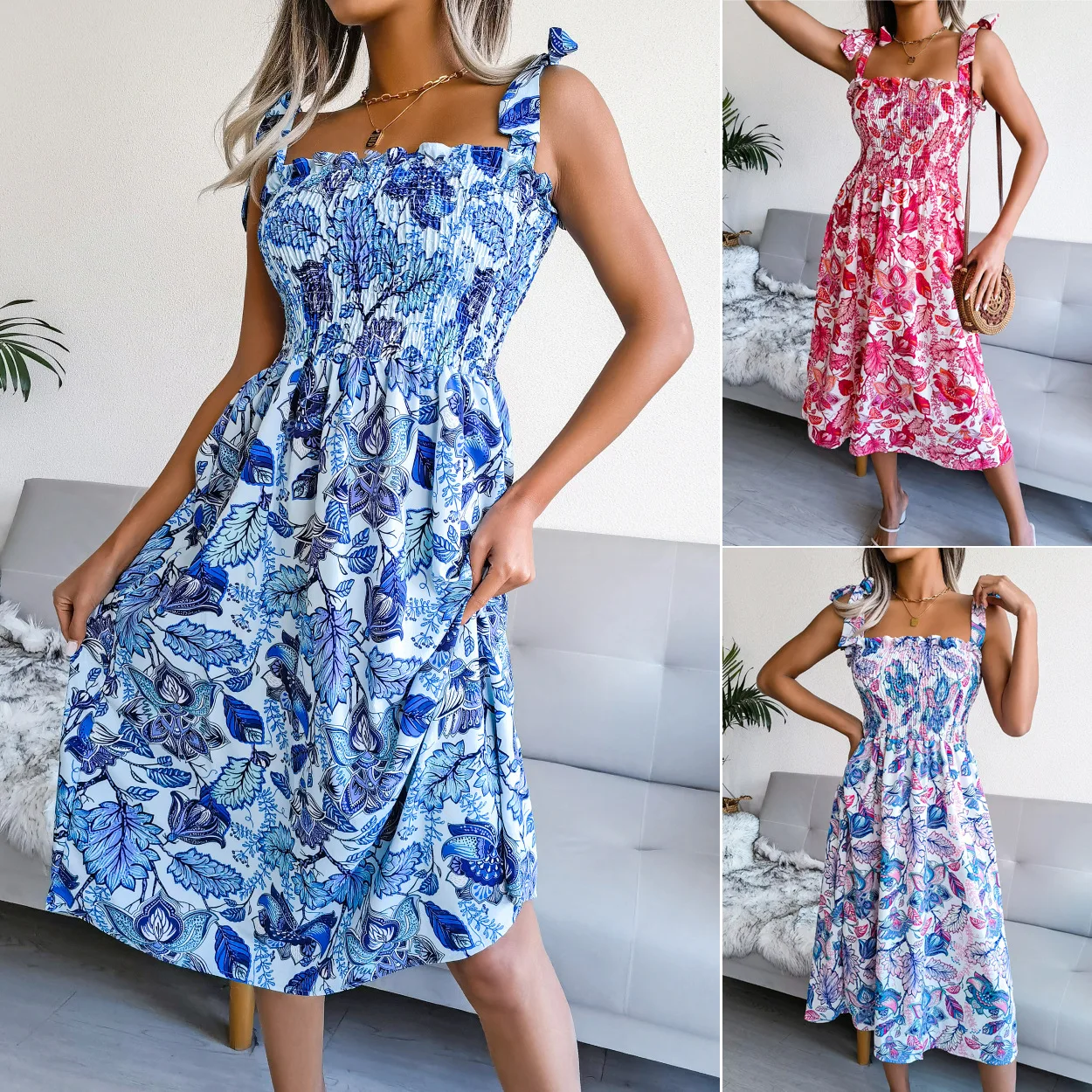 

Sleeveless Bandage Printed Mid Length Dress Holiday Dress Woman Dress Dresses for Women Vestido Feminino Undefined