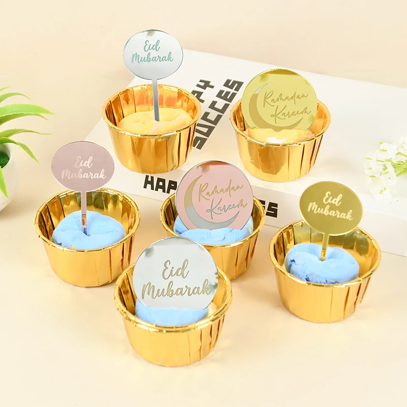 

5pcs Eid Al-Fitr Mubarak Acrylic Cupcake Topper Gold Silvery Ramadan Kareem Cake Topper Islamic Muslim Festival Party Cake Decor