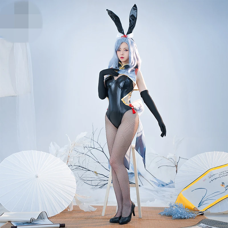 

Anime Bunny Cos Costumes Game Genshin Impact Shenhe Cosplay Sexy Rabbit Girl Senpai Halloween Jumpsuit Cute Ears Bow Shawl Suit