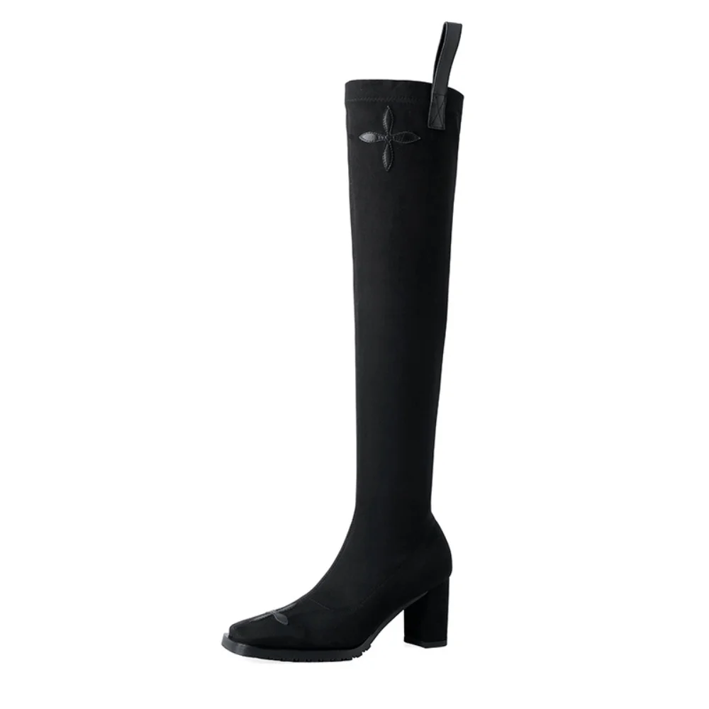 

Women Chunky High Heel Over The Knee Boots Faux Suede Fashion Long Boots Square Toe Side Zipper New Autumn Winter Booties Mujer
