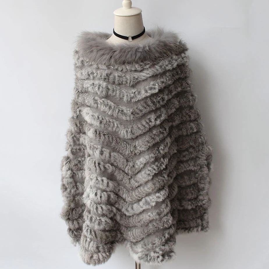 Women Luxury Rabbit Fur Raccoon Fur Poncho Knitted Pullover Cape Real Fur Knitting Wraps Shawl Lady Fahion Warmth Big Shawl