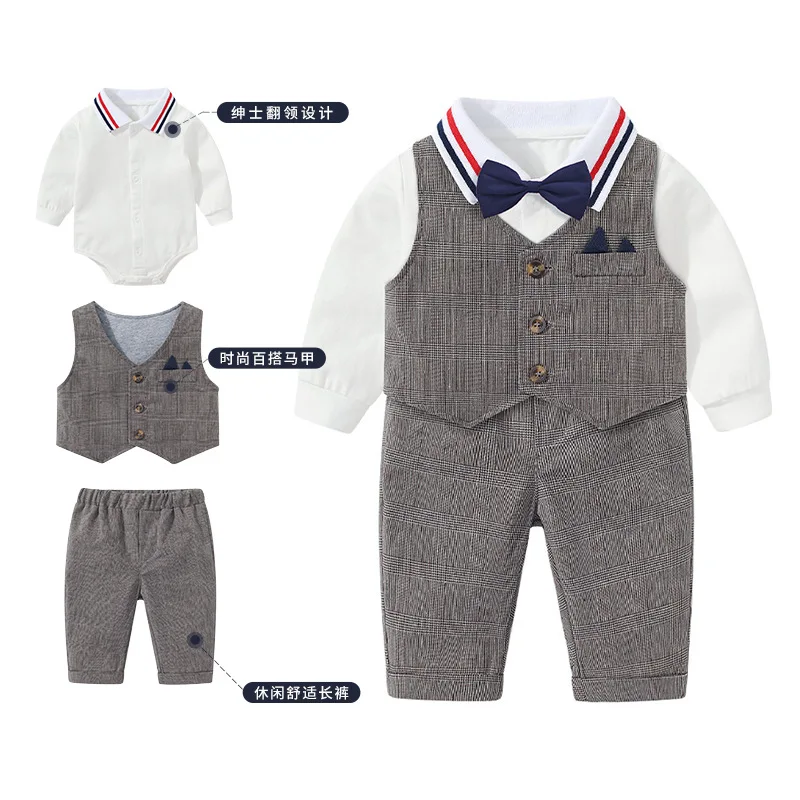 

Newborn Baby Boy Clothes Set Infant Formal Romper Suit Children Solid Bodysuit + Plaid Pants + Vest 3 PCS Suit Toddler Outfits
