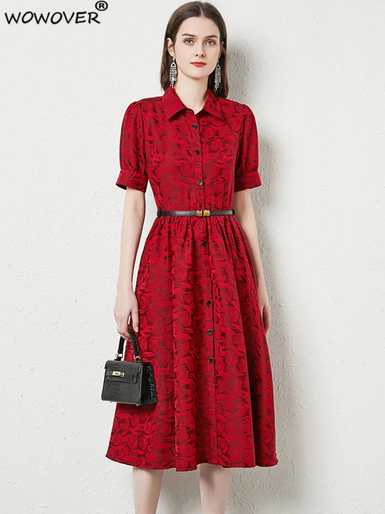 

2022 Runway Designer Floral Print Midi Shirt Dress for Summer Women Short Sleeve Vintage Casual Party Vestidos Red Robe Femme