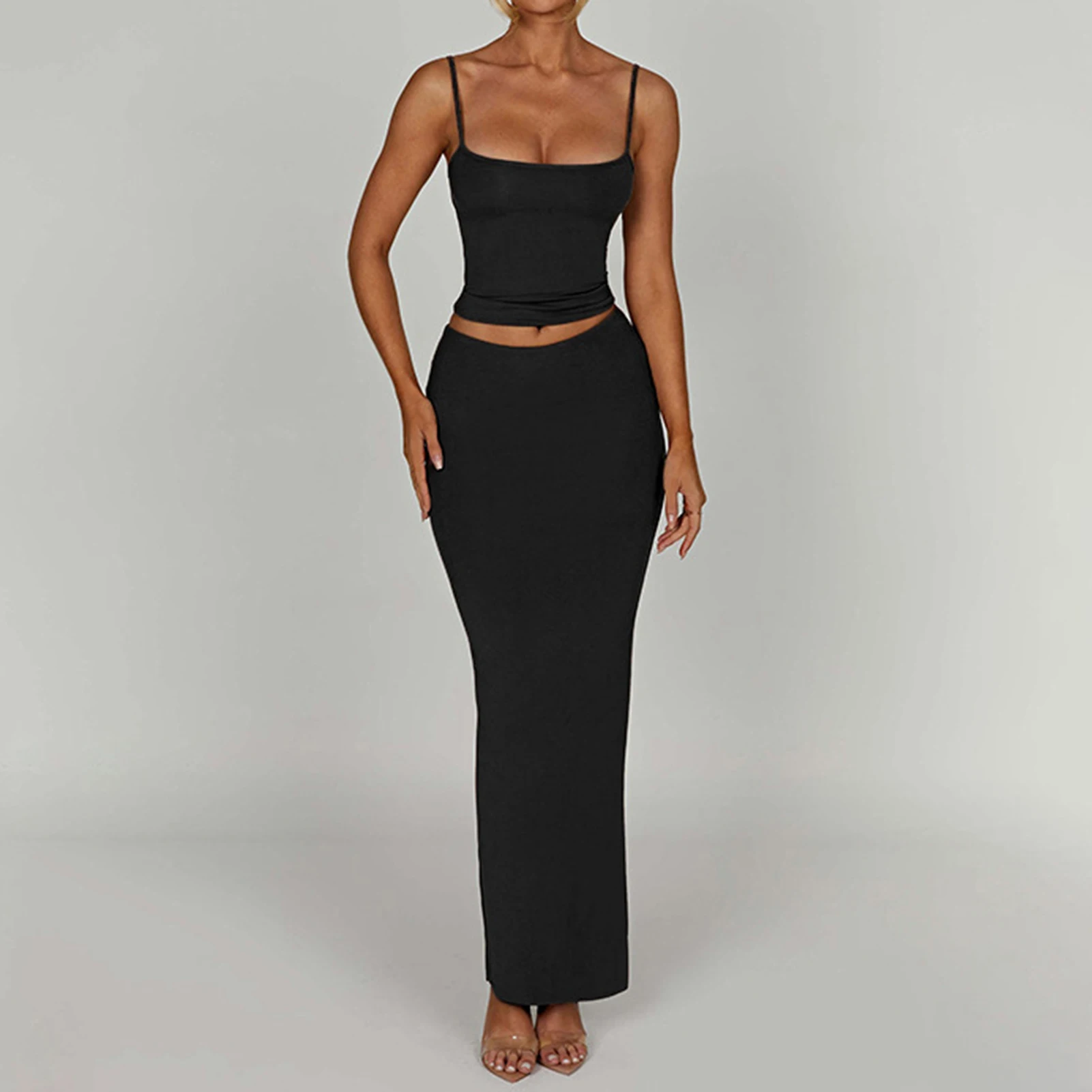 

High Waisted Women Spaghetti Strap Top Skirt Ladies Sling Top Maxi Skirt Sexy Style Solid Color Slim Fit Daily Outfit