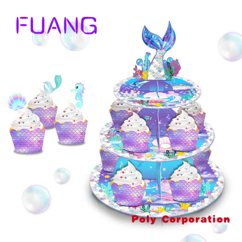 Purple Mermaid Cupcake Display 3 Tiers Corrugated Cardboard Cake Display Cupcake Stand Holder For Kid's Birthday Party Supplies
