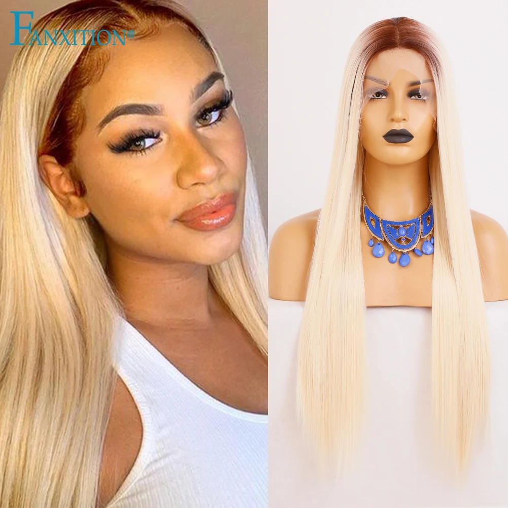 

FANXITION Synthetic Lace Wigs for Women T Part Silky Straight Wig Long Hair Ombre Wig Two Tone Blonde Wigs Blonded Cosplay Hair