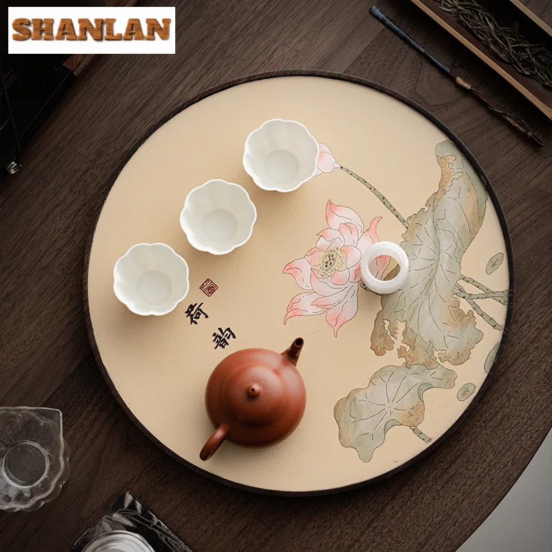 Круглый бамбуковый поднос для чая с лотосом расписанный вручную бутиковая