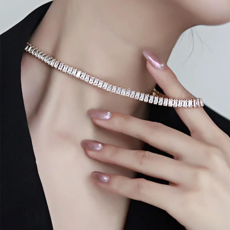 

Tennis Choker Necklaces for Women Kpop Square Crystal Ice Diamond Gold Wedding Neck Chain Zirconia Female Jewelry Accessory Girl