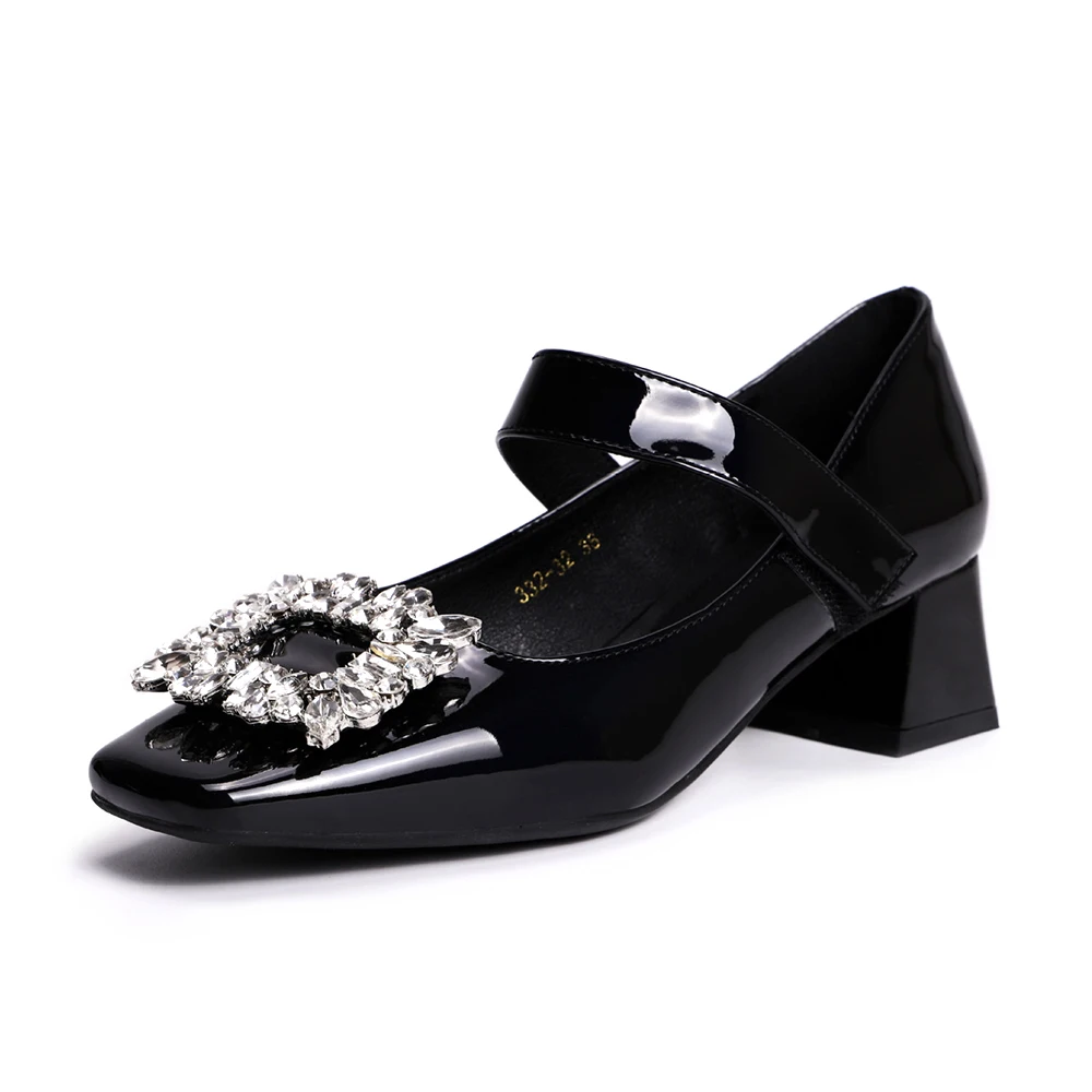 

Brand New Mary Janes Shoes for Women Top Quality Patent Leather Rhinestone Square Toe High Heel Girls Students JK Uniform Pumps