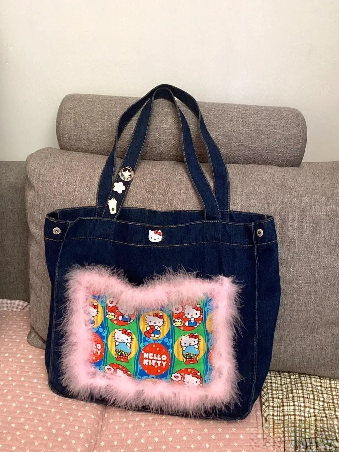 

Hello Kitty Bag Original Handmade Y2k Millennium Hot Girl Retro Cute Plush Denim Large Capacity Shoulder Bag Kawaii Accessories
