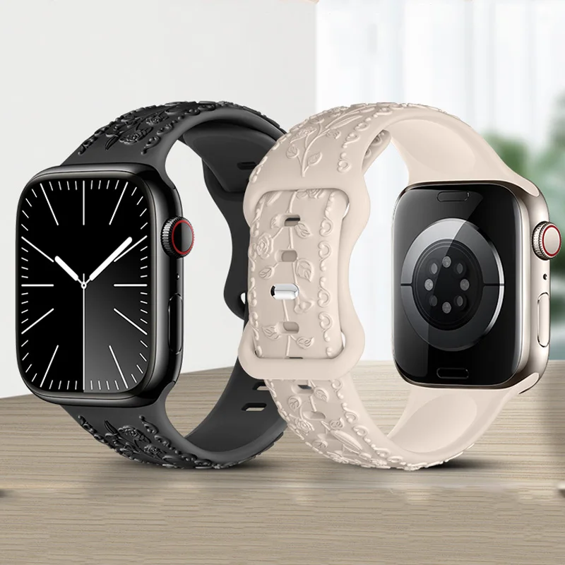 Фото Ремешки с цветочной гравировкой для Apple Watch, ремешок 44 мм, 40 мм, 49 мм, 41 мм, 45 мм, 38 мм, 42 мм, 46 мм, браслет iwatch series 10, 8 9 7 3 ultra 2 se №2