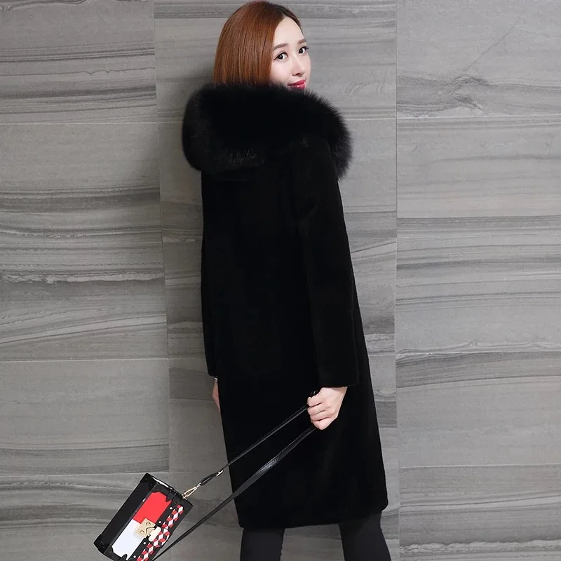 

2022 New Women Winter Real Wool Fur Coats Natural Fox Fur Collar Patchwork Hooded Female Sheep Shearing Mid-long Overcoat Z145
