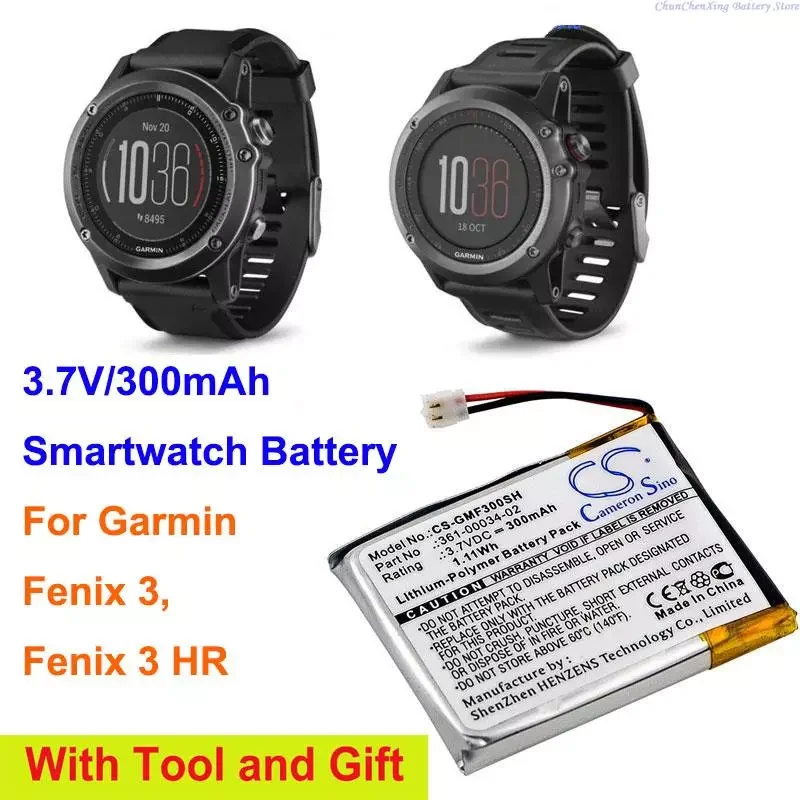 

NEW2023 Cameron Sino 300mAh Battery 361-00034-02 for Garmin Fenix 3, Fenix 3 HR, CS-GMF300SH