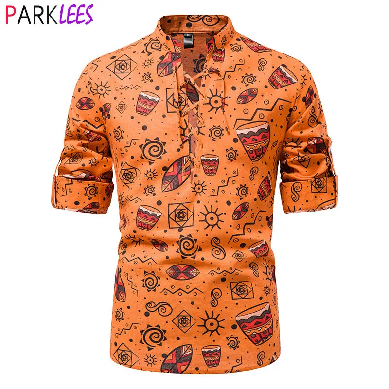 

Mens African Print Cotton Linen Shirt Lace Up V Neck Roll Sleeve Hippie Beach Wear Shirt Ethnic Traditional Style Clothing 2XL